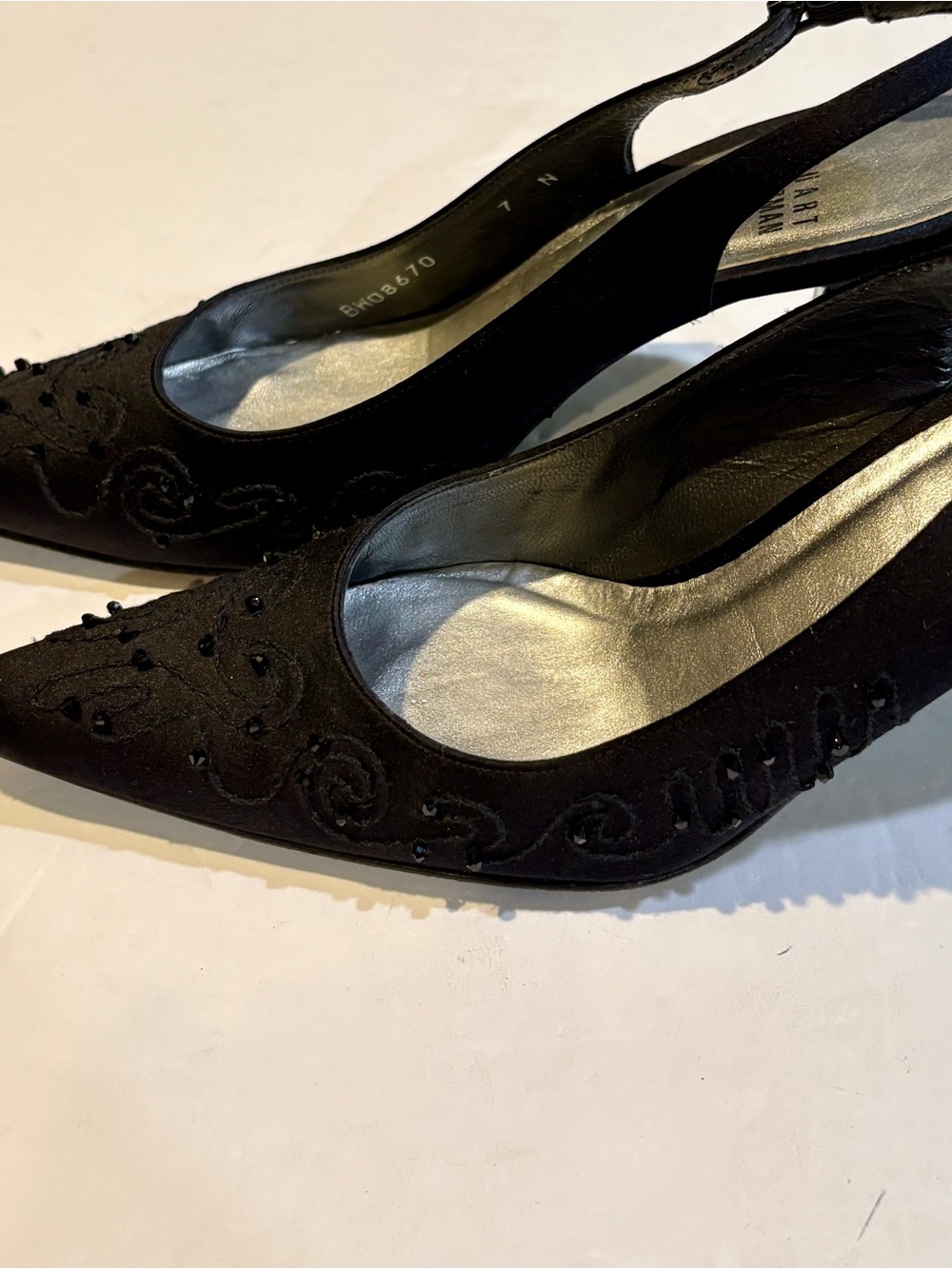 Stuart Weitzman Black Beaded Pointed Slingback Evening Classic Heels 7N - Picture 7 of 10